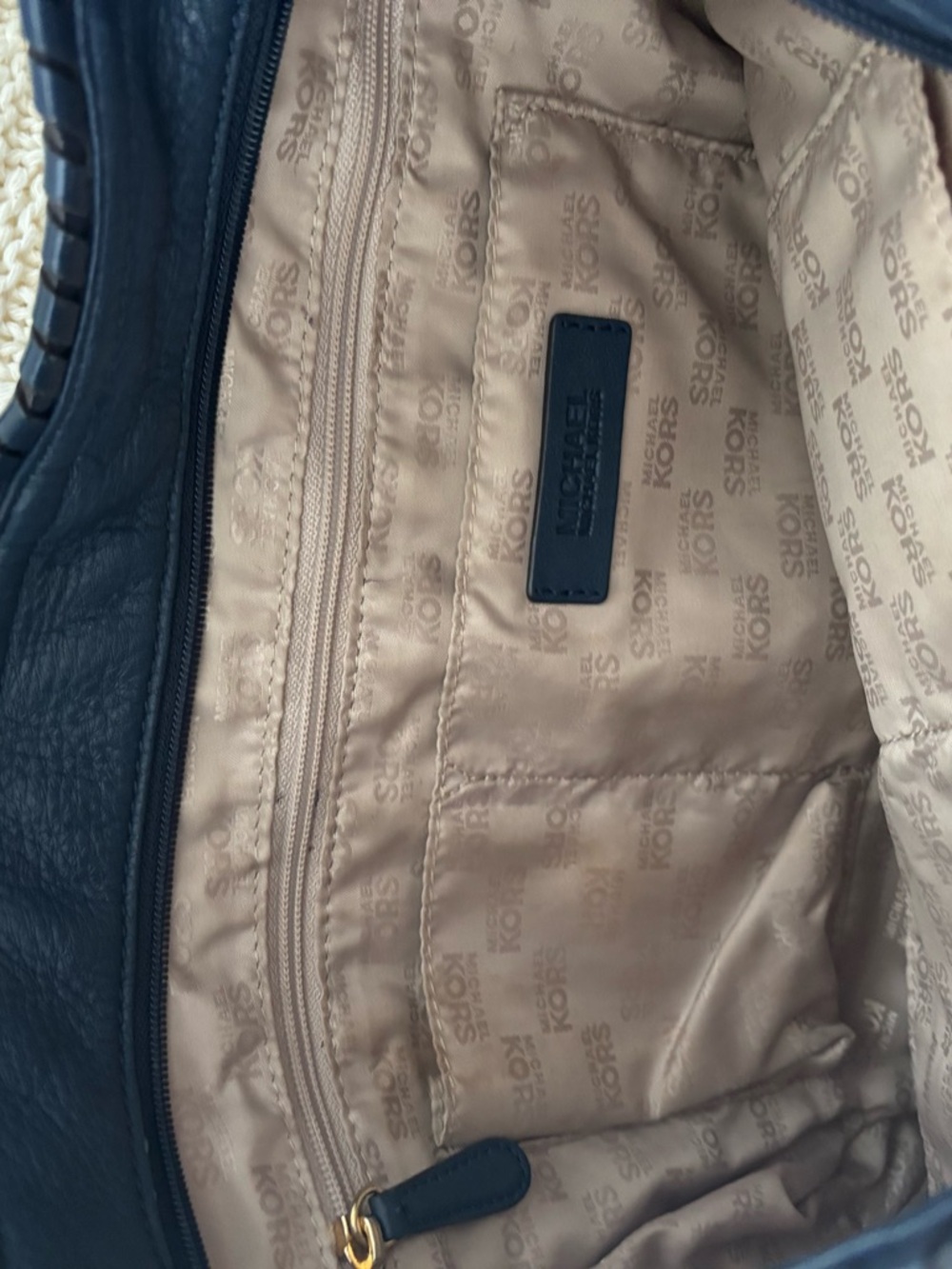 Michael Kors Navy Pebbled Leather Hobo with Gold MK Charm - Picture 5 of 6